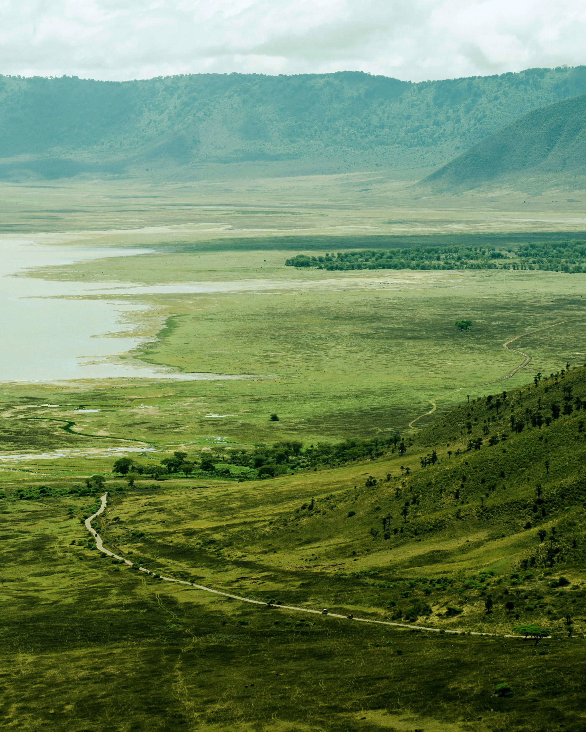 rolling hills and a lake